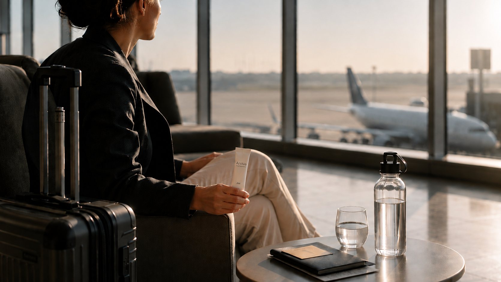 A traveller in an airport lounge holding an Arrive AM stick